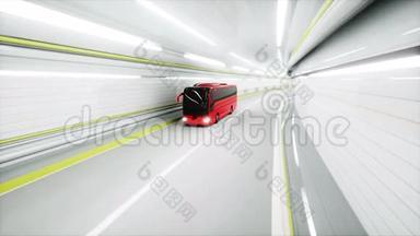 隧道里的<strong>红色旅游</strong>巴士。 快速驾驶。 <strong>旅游</strong>概念。 三维动画。
